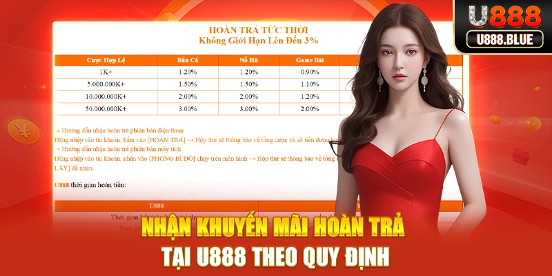 Nhận khuyến mãi hoàn trả tại U888 với nhiều mức tỷ lệ khác nhau